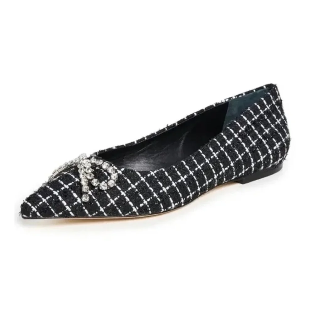 $330 LARROUDE lee ballet flats BOW CRYSTALS TWEED POINTY BLACK WHITE 7 US (TE10)